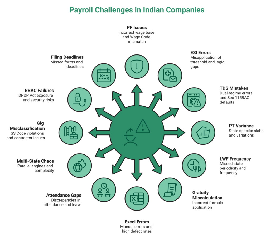 Radial Map Of 12 Payroll Problems Indian Companies Face With Statutory Root Causes