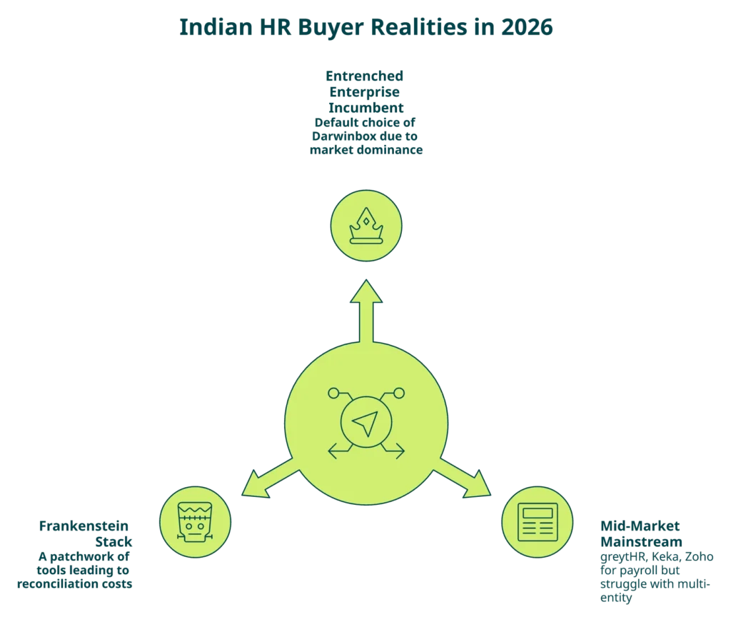 Radial Diagram Of Three Indian Hrms Buyer Realities In 2026: Incumbent, Mainstream, And Frankenstein Stack