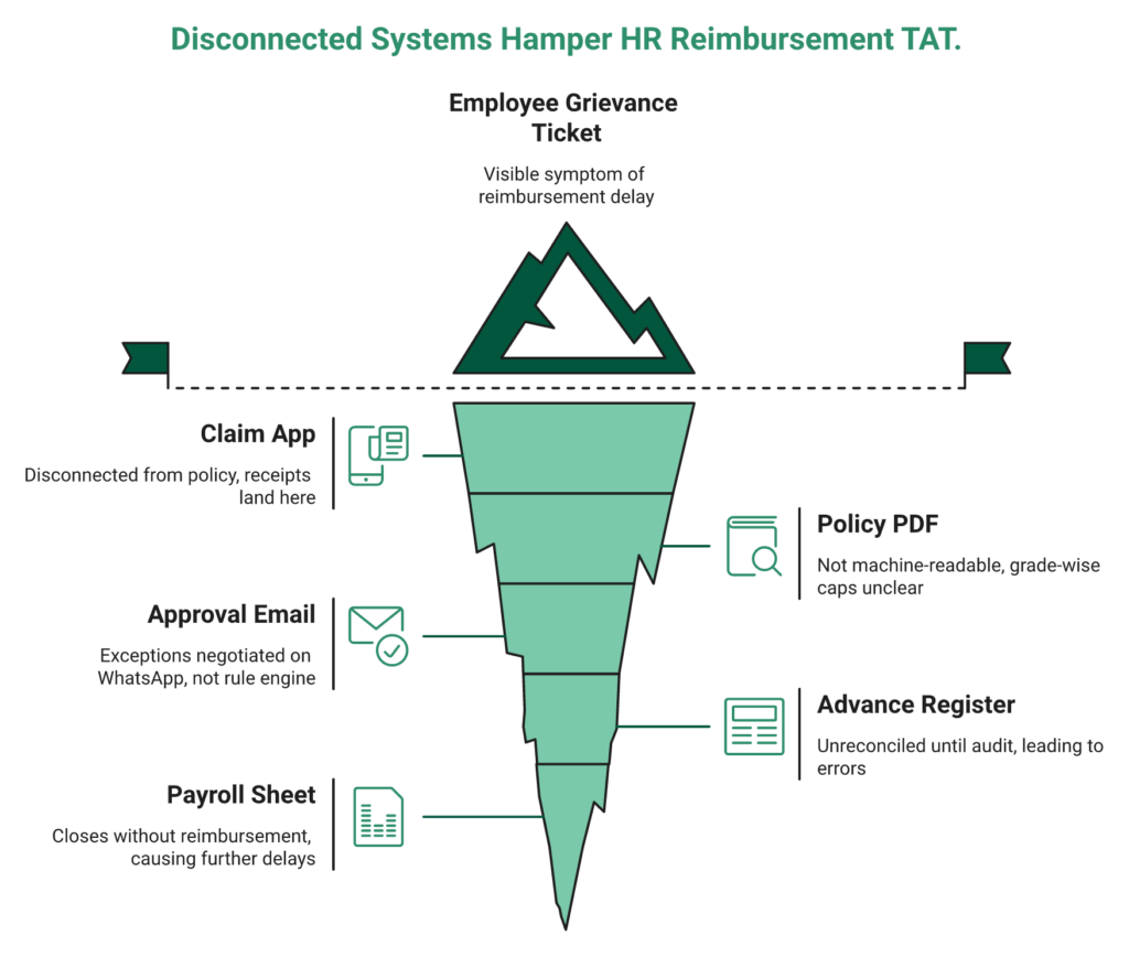 Iceberg Diagram Showing One Visible Grievance Ticket Above Five Hidden Disconnected Reimbursement Systems