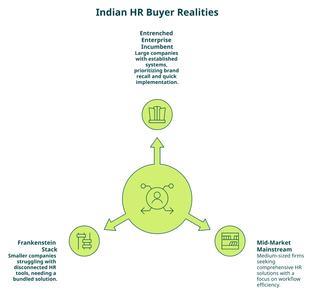 Radial diagram mapping three Indian HR buyer realities to fitting HRMS choices including Darwinbox and HROne