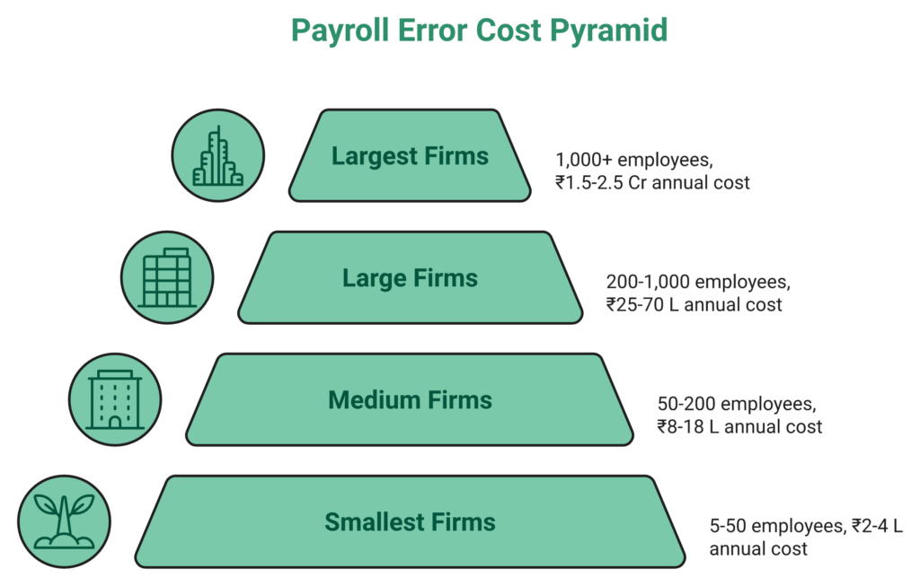 Pyramid Showing Payroll Error Cost By Indian Company Size From 5 Employees To 1000 Plus