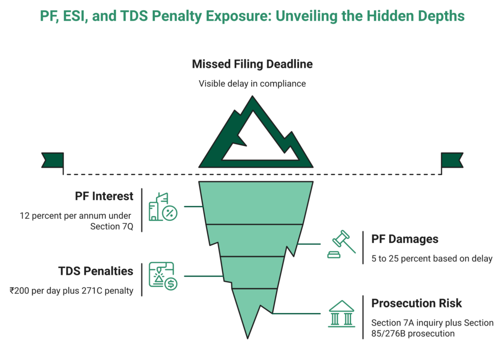 Iceberg Diagram Of Pf, Esi And Tds Penalty Exposure With Section 7Q, 14B, 234E And 271C Layers.