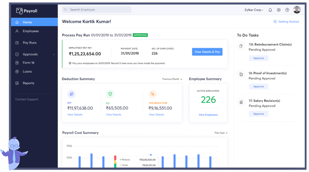 Zoho Payroll Interface Showing Integrated Pf, Esi, Tds Automation For Indian Startups On Zoho One.