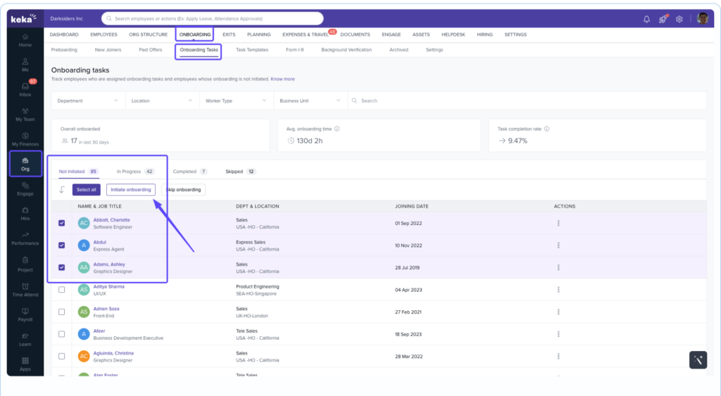  Keka Onboarding Tasks Dashboard Tracking New Joiners By Status, Department, And Task Completion Rate