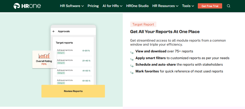 Hrone Target Reports Screen With 75-Plus Reports, Smart Filters, Auto-Scheduling, And Ratings For Indian Mid-Market Hr Teams