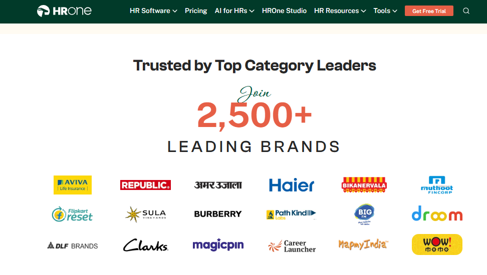 Hrms Software Attendance Management Hrone Hrone Brand Wall Showing 2,500 Plus Retail And Hospitality Customers Including Bikanervala, Clarks, And Wow Momo
