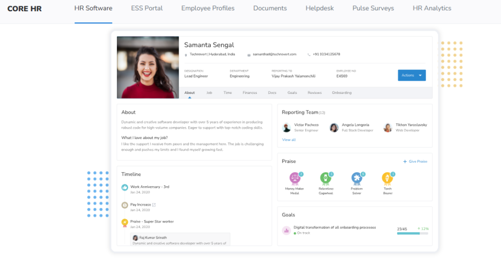 Hrms Software Attendance Management Hrone Keka Core Hr Employee Profile Showing Job Details, Reporting Team, Activity Timeline, Praise Badges, And Goals