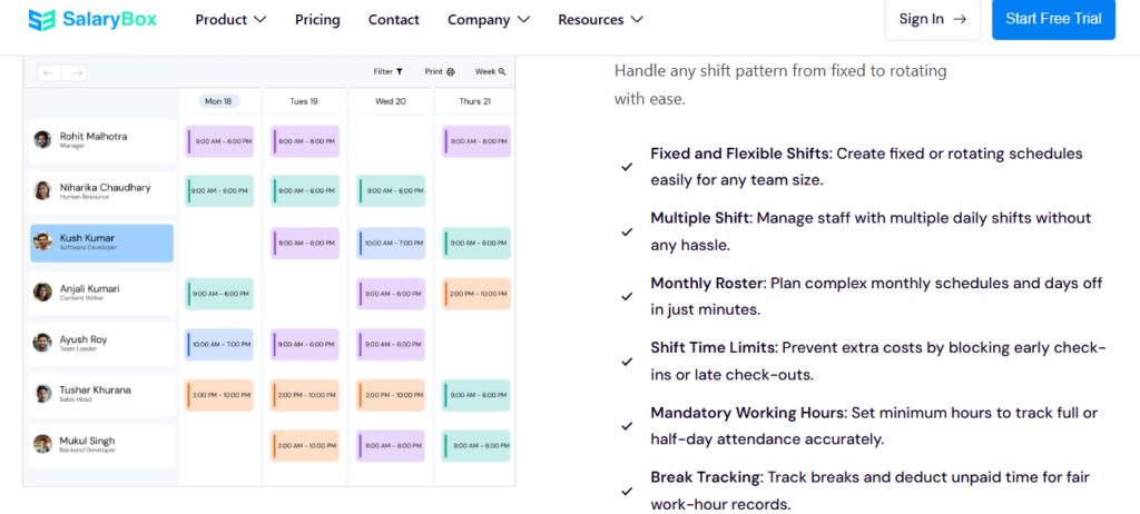 Hrms Software Attendance Management Hrone Salarybox Weekly Roster Grid Assigning Fixed And Rotating Shifts Across Staff For Retail Scheduling