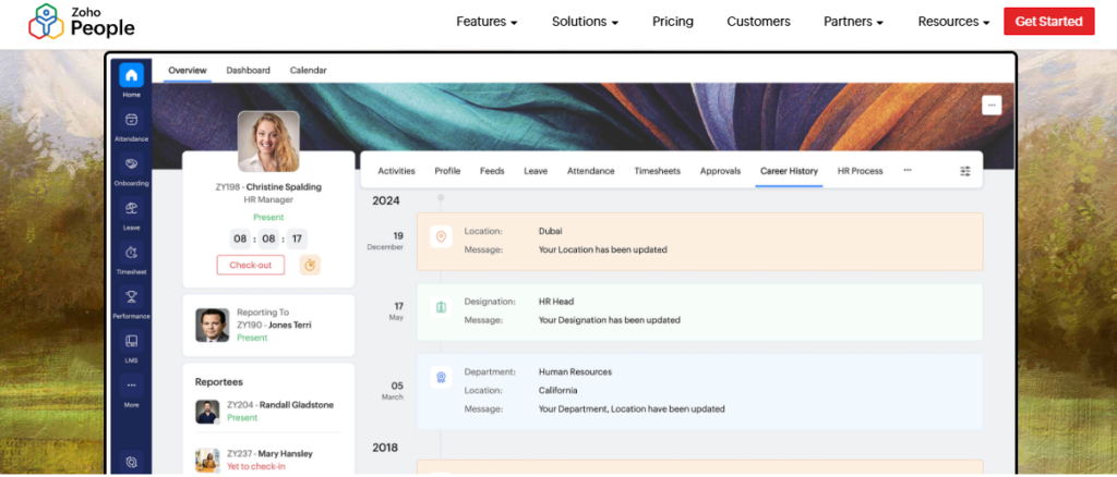 Zoho People Employee Profile With Attendance, Leave, Timesheets And Career History Tracking In One Dashboard