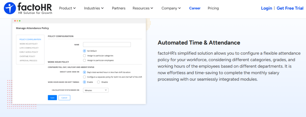 Factohr Attendance Policy Configuration Screen For Work Hours, Late Coming And Overtime Rules