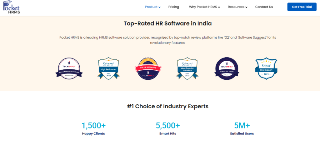 Pocket Hrms Recognition Badges From G2 And Software Suggest With 1,500 Clients And 5M Users