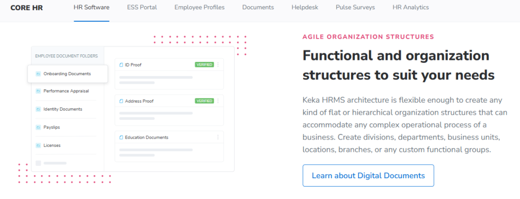 Keka Core Hr Screen Showing Document Folders, Verified Id Proofs, And Flexible Organization Structures