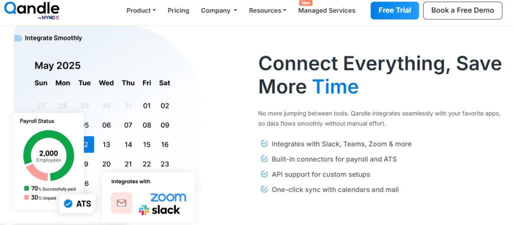 Qandle Hrms Integrations Screen With Payroll Status, Calendar, And Slack, Zoom, Teams Connectors