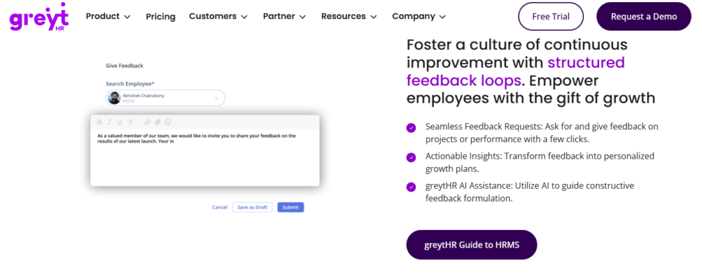 Hrms Software Onboarding Hrms Greythr Structured Feedback Interface Letting Managers Request And Give Employee Feedback With Ai Assistance