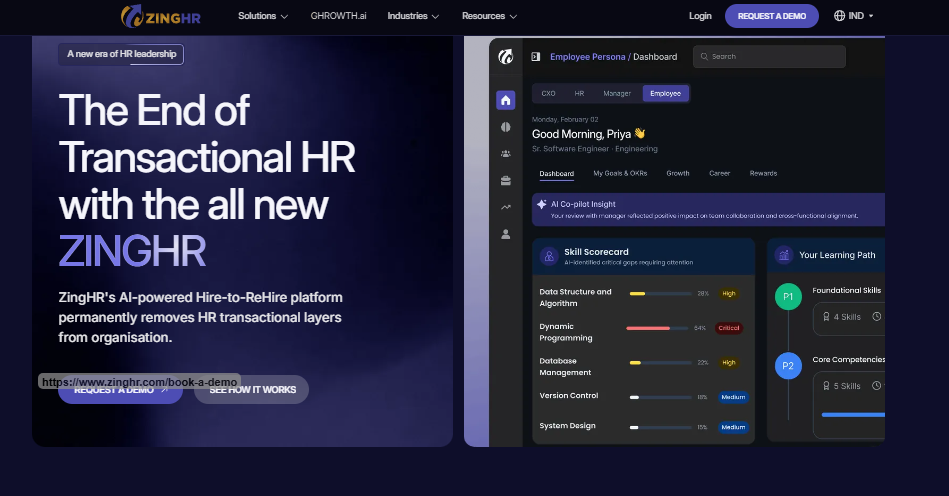 Hrms Software Onboarding Hrms Zinghr Ai-Powered Hire-To-Rehire Employee Dashboard Showing Skill Scorecard, Learning Path, And Okrs