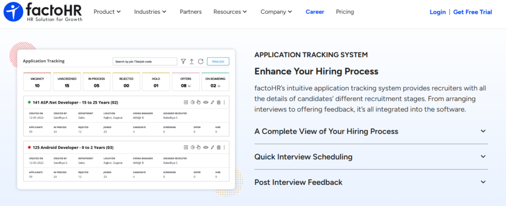 Hrms Software Onboarding Hrms Factohr Application Tracking System Dashboard Showing Recruitment Stages, Vacancy Counts, Offers, And Onboarding