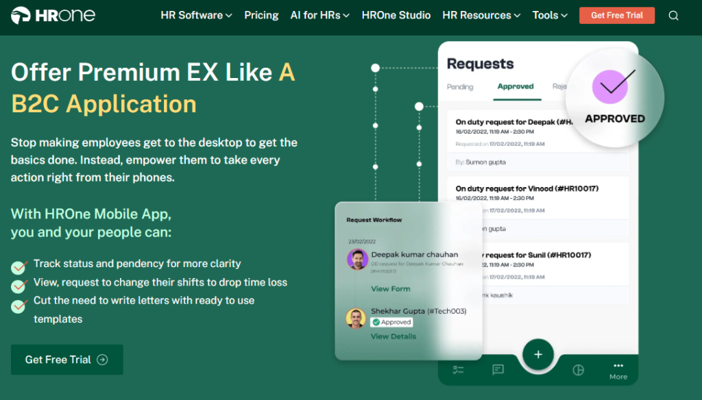 Hrms Software Hr Software Hrone Hrone Hrms App Homepage Promoting B2C-Style Employee Experience With Mobile Request Approvals And Workflows
