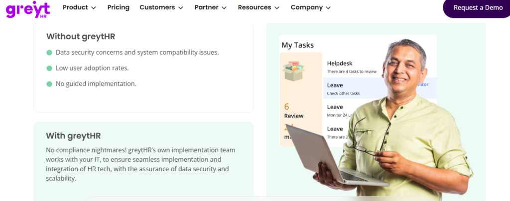 Hrms Software Hr Software Hrone Greythr Hrms App Comparison Of With Versus Without, Plus A My Tasks Screen Showing Leave And Helpdesk Reviews
