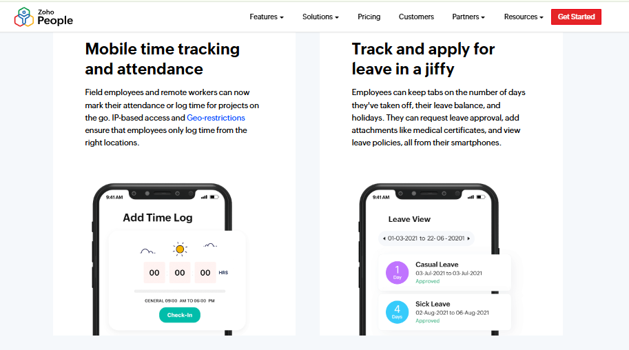 Hrms Software Hr Software Hrone Zoho People Hrms App Screens Showing Mobile Time Tracking, Geo-Restricted Attendance, And Leave View On Smartphones