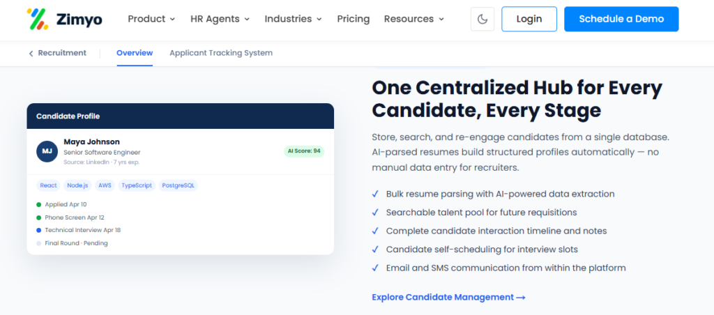Hrms Software Onboarding Hrone Zimyo Recruitment Candidate Profile Hub With Ai-Parsed Resume, Ai Score, And Multi-Stage Hiring Pipeline