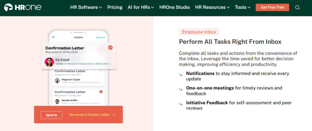 Hrone Employee Inbox Showing Confirmation Letters, Notifications, And One-On-One Meeting Tasks In One Place