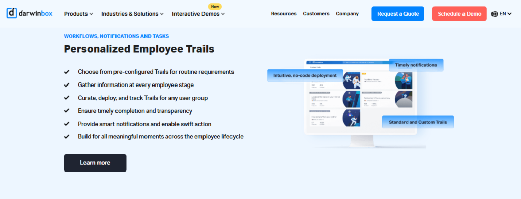 Darwinbox Personalized Employee Trails Workflow Screen With No-Code Deployment And Lifecycle Notifications