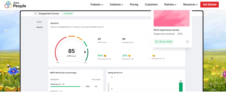 Zoho People Engagement Survey Report Showing 85 Enps Score With Promoter And Detractor Distribution
