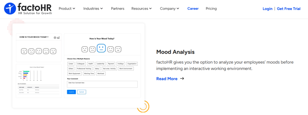Factohr Mood Analysis Screen With Emoji-Based Employee Mood Check And Category Reason Tags