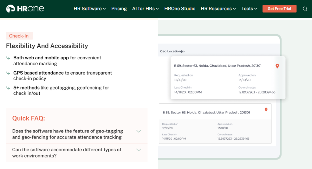 Hrms Software Hr Software Hr Software Hrone Attendance And Leave Management System Showing Gps Geo Fenced Check In On Web And Mobile App
