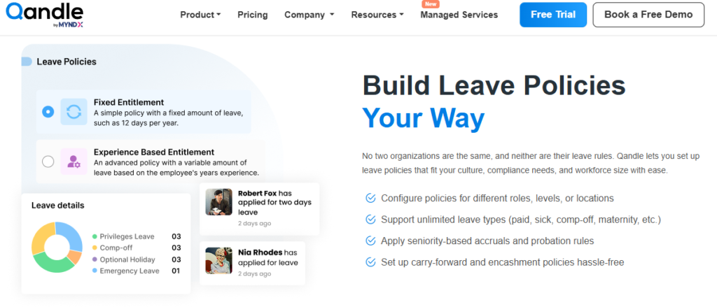 Hrms Software Hr Software Hr Software Qandle Leave Management System Screen Showing Fixed And Experience Based Leave Policy Setup With Balances