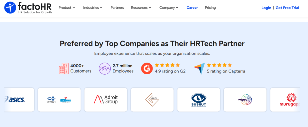 Factohr Hr Software Trust Page Showing 4000 Plus Customers, 4.9 G2 And 5 Capterra Ratings
