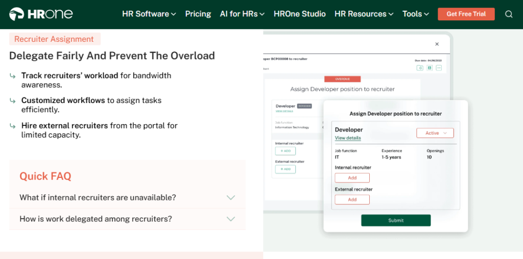 Hrone Hcm Software Recruiter Assignment Workflow Showing Workload Tracking, Customized Task Delegation, And Hiring Portal