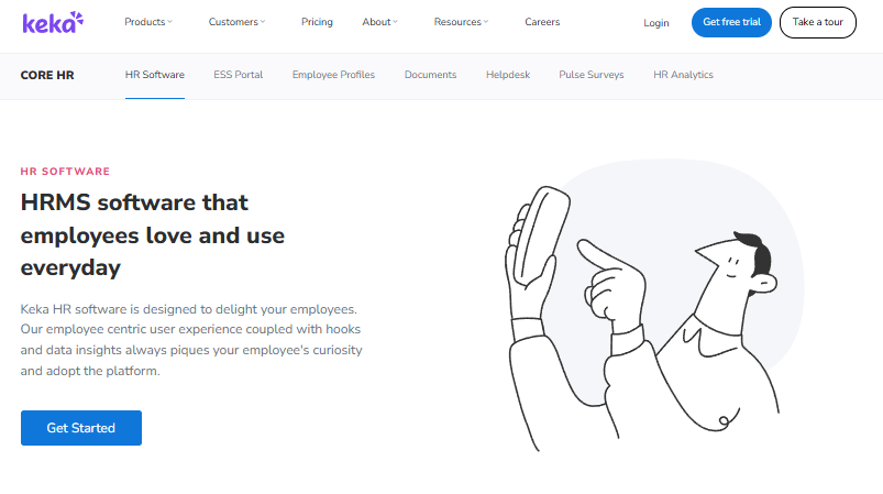 Keka Core Hr Software Screen Showing Ess Portal, Employee Profiles, Documents, Helpdesk, Pulse Surveys, And Analytics