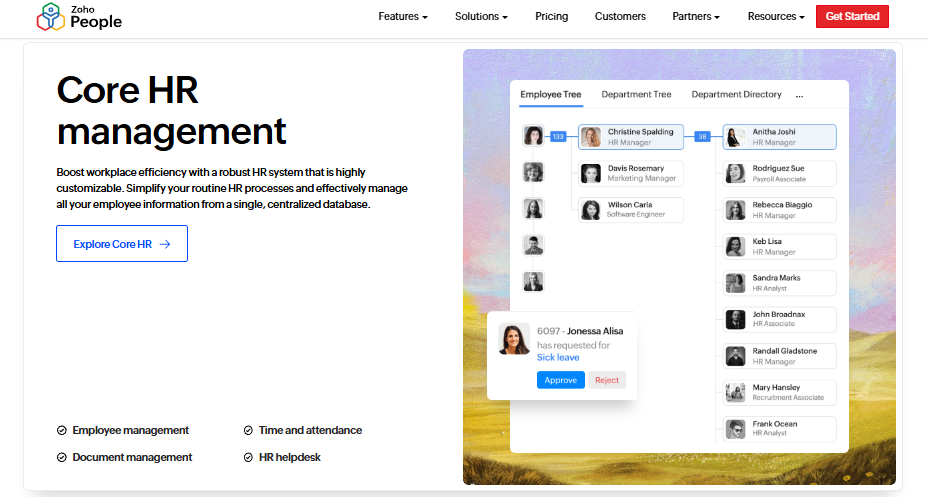 Zoho People Core Hr Management Screen With Employee Tree, Leave Approval, Attendance, And Document Management