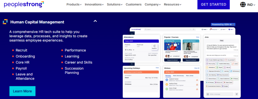 Peoplestrong Hcm Software Suite Showing Recruit, Onboarding, Core Hr, Payroll, Learning, And Mobile Gen-Ai Assistant Jinie