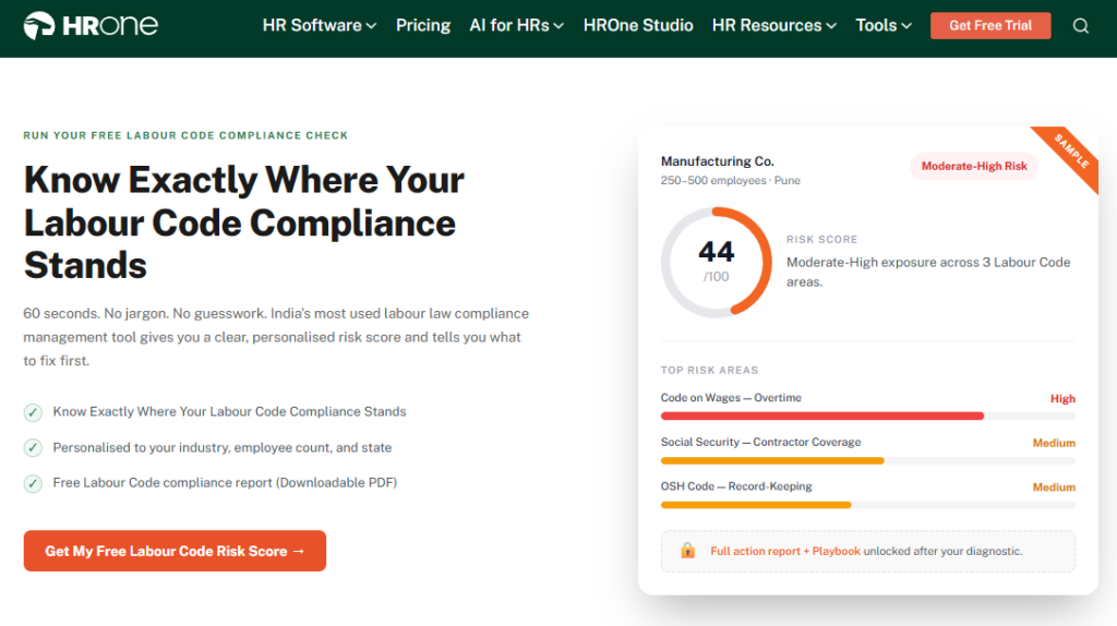 Hrone Free Labour Code Compliance Risk Score Tool Showing Personalised Statutory Exposure For Indian Firms