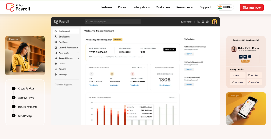 Zoho Payroll Dashboard Showing Pay Runs, Pf, Esi, And Tds Deduction Summary For Statutory Compliance
