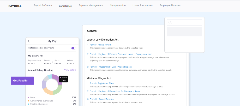 Keka Payroll Compliance Module Showing Central Statutory Registers Under Labour Law And Minimum Wages Act With Salary Breakup