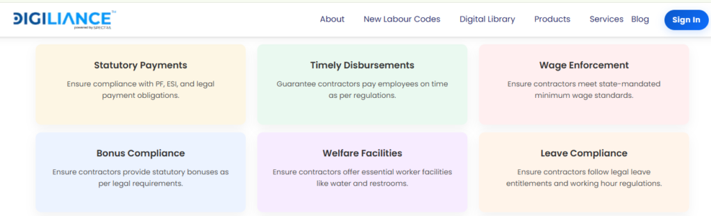 Digiliance Contract Labour Compliance Features Covering Statutory Payments, Wage Enforcement, And Welfare Obligations For Principal Employers