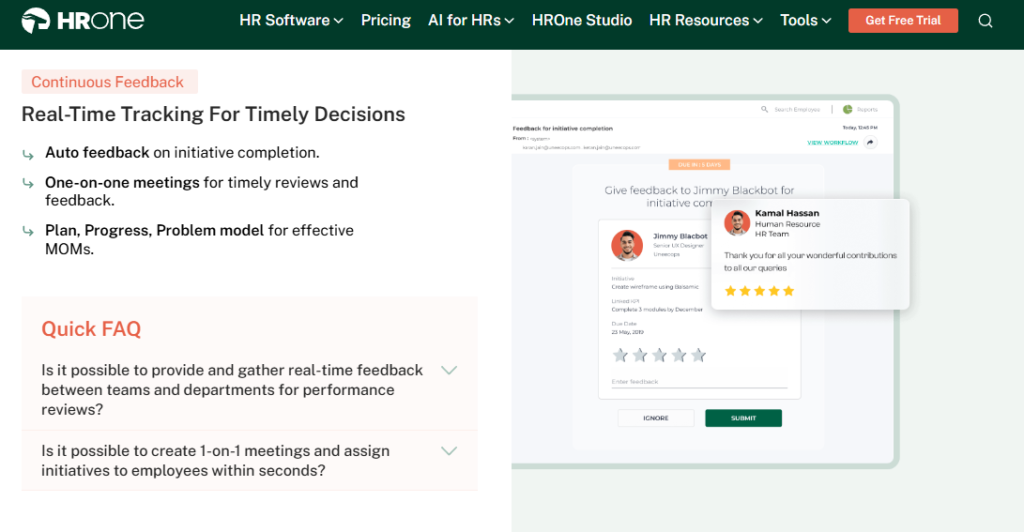Hrone Employee Appraisal Software Continuous Feedback Screen With Real-Time Reviews And One-On-One Meetings