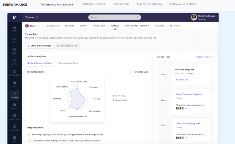 Keka Employee Appraisal Software Performance Dashboard With Career Path, Skills Radar, And Review Tracking