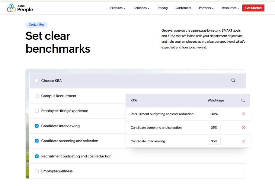 Zoho People Employee Appraisal Software Screen Setting Kras With Weightage Percentages For Goal Benchmarks
