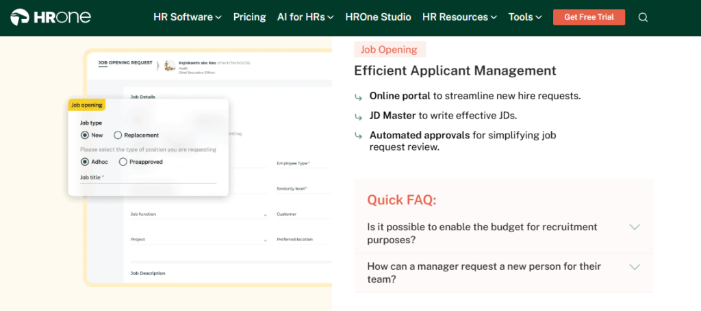 Hrms Software Hrms Hrone Ai Recruiting Software Efficient Applicant Management With Job Opening Requests And Jd Master Automation