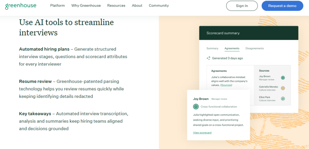 Hrms Software Hrms Greenhouse Ai Recruiting Software Streamlining Interviews With Scorecard Summaries And Redacted Resume Review