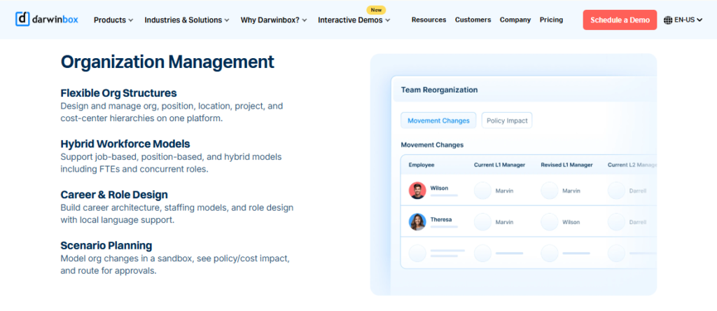 Darwinbox Organization Management Screen With Flexible Org Structures, Scenario Planning, And Reorganization Workflows
