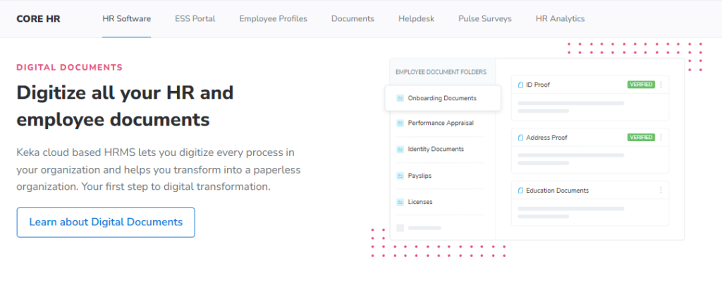 Hrms Software Hr Software Hrms Keka Core Hr Digital Documents Screen Organising Onboarding Files, Payslips, And Verified Employee Records
