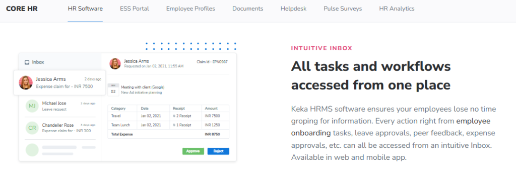 Keka Intuitive Inbox Screen Showing Leave, Expense, And Onboarding Tasks Accessed From One Unified Workflow View