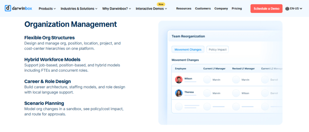 Darwinbox Organization Management Screen Showing Flexible Org Structures, Hybrid Workforce Models, And Scenario Planning