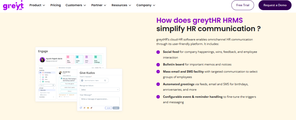 Greythr Communication Screen With Social Feed, Kudos, Bulletin Board, And Automated Email And Sms Engagement Tools
