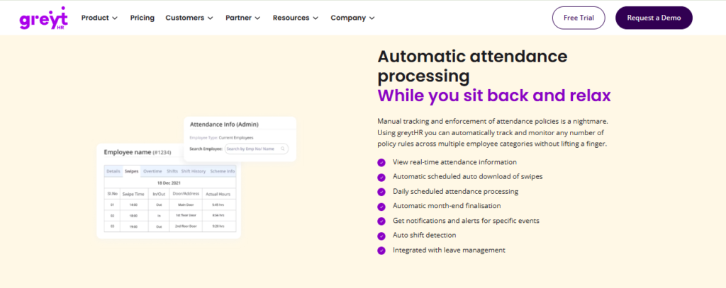 Greythr Automatic Attendance Processing Screen Showing Swipe Records, Overtime, Shift History And Door-Wise Punch Data